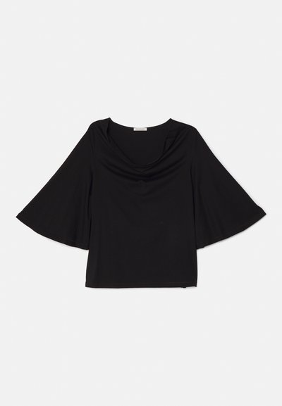 Black top with wide, flowing sleeves. Features a cowl neckline and a relaxed fit. Made from soft, lightweight fabric. No patterns or accents.