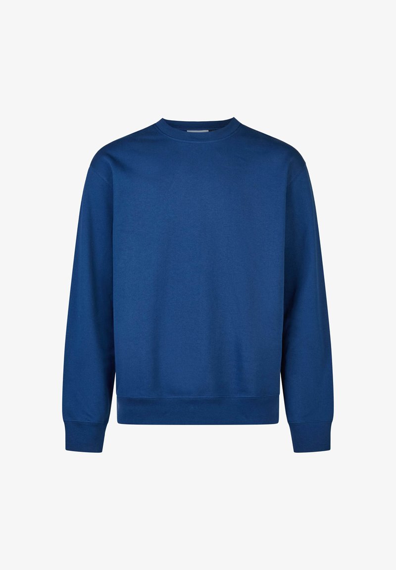 Blue sweatshirt made from soft fabric, featuring a crew neck, long sleeves, and a relaxed fit with ribbed cuffs and hem.