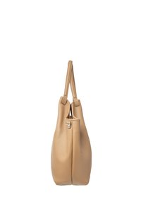 Beige læder tote taske med en glat overflade, der har to håndtag og en rund form. Lukningens detalje synlig nær toppen.