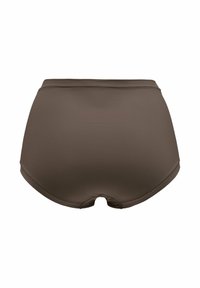 Ylös nousevat, tummanruskeat uimapohjaiset housut, joissa on sileä rakenne, kaarevat lahkeensuut ja saumatonta vyötärösuunnittelua.