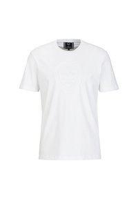 Weißes Baumwoll-T-Shirt mit rundem Ausschnitt, kurzen Ärmeln und einem geprägten Wappen-Motiv, das den Text "1969" und "ITALIA" zeigt.