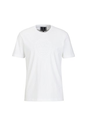 Witte katoenen T-shirt met een ronde halslijn, korte mouwen en een reliëf schildontwerp met de teksten "1969" en "ITALIA".