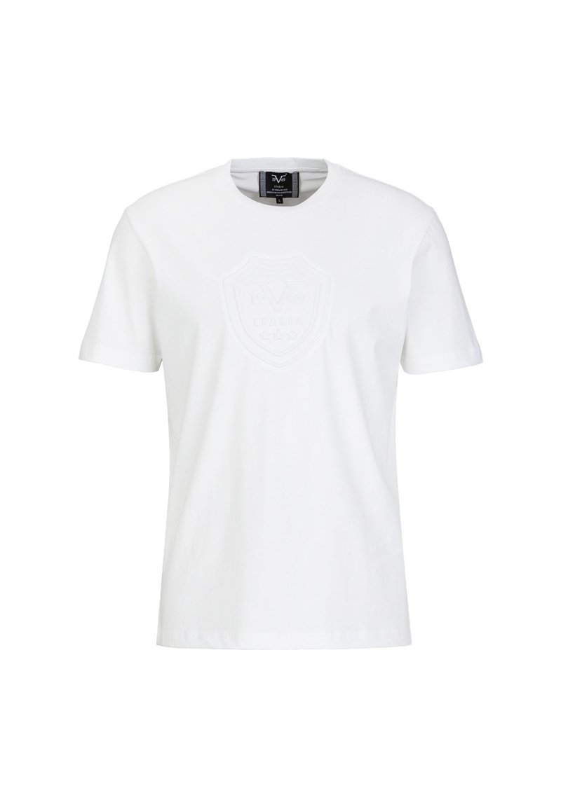 Weißes Baumwoll-T-Shirt mit rundem Ausschnitt, kurzen Ärmeln und einem geprägten Wappen-Motiv, das den Text "1969" und "ITALIA" zeigt.