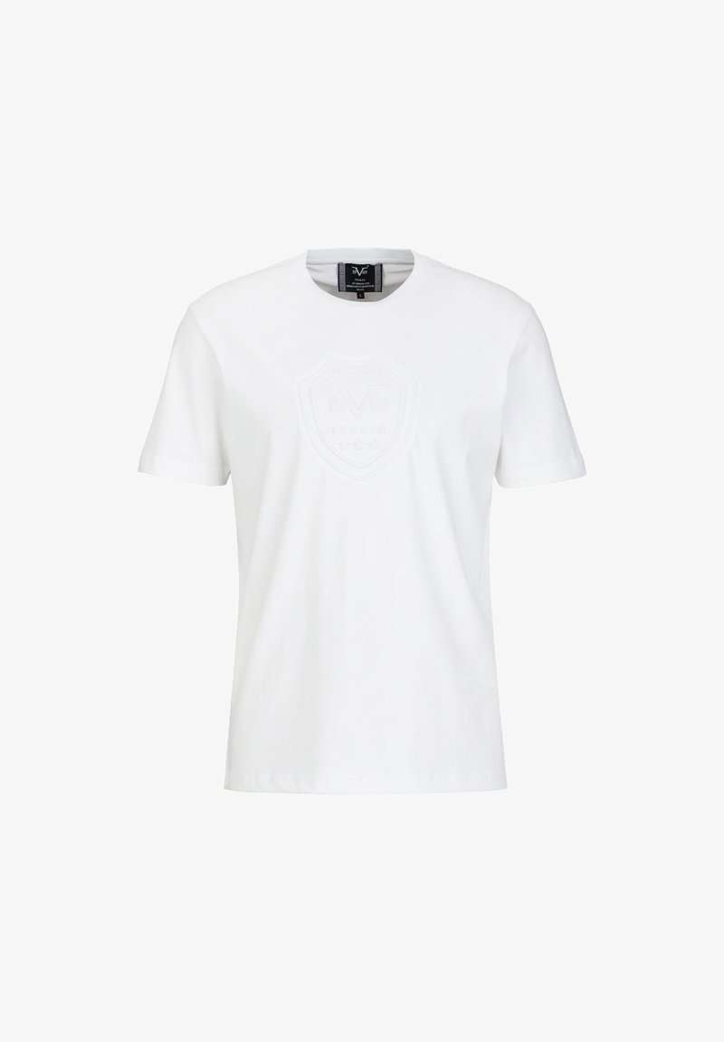 Weißes Baumwoll-T-Shirt mit rundem Ausschnitt, kurzen Ärmeln und einem geprägten Wappen-Motiv, das den Text "1969" und "ITALIA" zeigt.