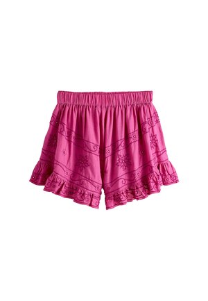 Rosa Baumwollshorts mit elastischem Bund, Blumenstickerei und Rüschensaum für den Freizeitlook.