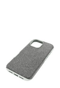 Szara teksturowana obudowa telefonu z wypukłym wzorem dotykowym i jednolitym białym obramowaniem. Projekt zawiera wycięcia na przyciski i aparat.