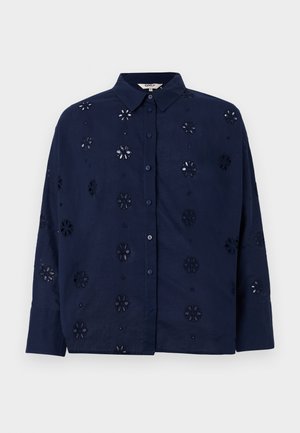 Donkerblauw overhemdd met knopen, gemaakt van lichtgewicht stof, met bloemen uitgesneden patronen en een kraag, met lange mouwen en een relaxte pasvorm.
