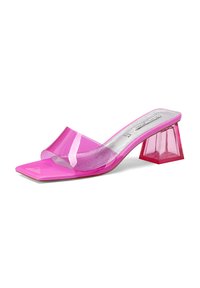Mule trasparenti rosa con tacco a blocco quadrato, caratterizzate da una finitura lucida e un tacco geometrico per stabilità e stile.