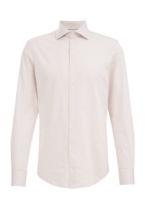 Chemise à manches longues rose clair en tissu texturé, avec un devant à boutons, un col pointu et un ourlet courbé.