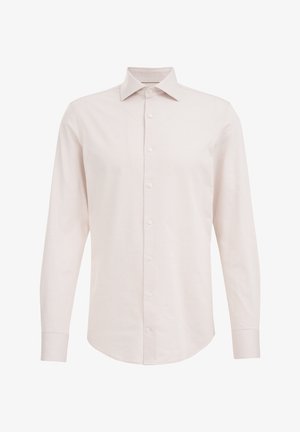 Jasnoróżowa koszula z długim rękawem z teksturowanej tkaniny, z zapięciem na guziki z przodu, wszechstronnym kołnierzykiem i zaokrąglonym dołem.