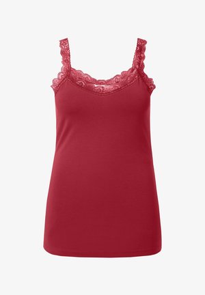 Červený dámský top bez rukávů s krajkou podél výstřihu a ramínek, přiléhavý střih a hladká tkanina.
