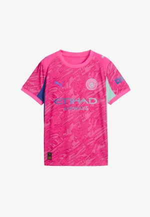 Rožinė trumpa rankovė futbolo marškinė su tekstūruota grafika, mėlynomis akcento detalėmis ant rankovių ir atspausdintais logotipais, skirtuose "Manchester City" ir "Etihad Airways".
