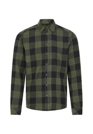Groene en zwarte geruite flanellen shirt met een button-down kraag, lange mouwen en een voorplacket. Heeft een label op de linkermouw.