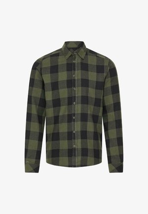 Groene en zwarte geruite flanellen shirt met een button-down kraag, lange mouwen en een voorplacket. Heeft een label op de linkermouw.