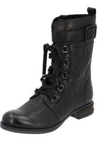 Bottine en cuir noir avec un bout rond, un laçage à l'avant et des œillets en métal. Dotée d'une fermeture éclair sur le côté et d'un talon bas empilé. Fini texturé.