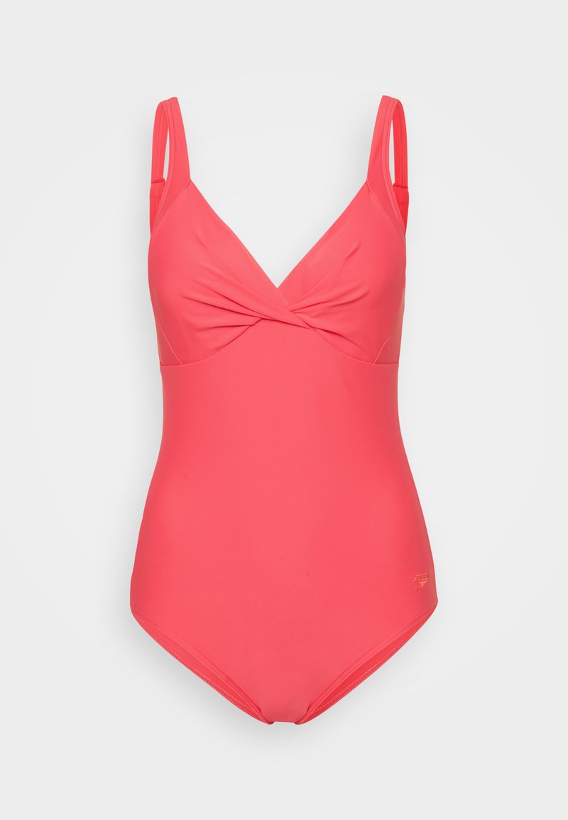 Maillot de bain une pièce corail avec un décolleté en V et un design frontal torsadé. Bretelles ajustables et tissu lisse et extensible. Pas de détails métalliques.