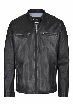 Svart läderjacka med ståkrage, frontdragkedja och två horisontella fickor med dragkedja samt texturerade detaljer. Slät finish.