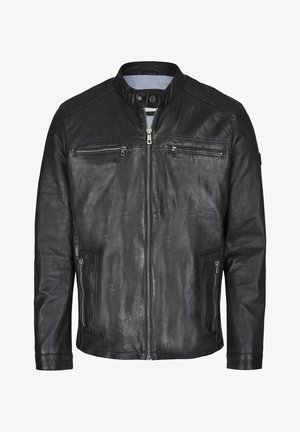 Svart läderjacka med ståkrage, frontdragkedja och två horisontella fickor med dragkedja samt texturerade detaljer. Slät finish.