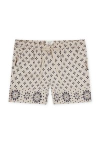 Shorts de bain beiges avec un motif en losange et floral bleu marine, dotés d'une taille avec cordon de serrage ajustable et de poches latérales.