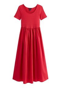 Red short-sleeve dress featuring a ribbed bodice, a gathered waist, and a long, flowing skirt. Cut in a relaxed silhouette.