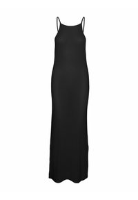 Abito maxi nero a maglia con spalline sottili e una vestibilità aderente. Presenta una texture sottile e una silhouette lunga fino al pavimento.
