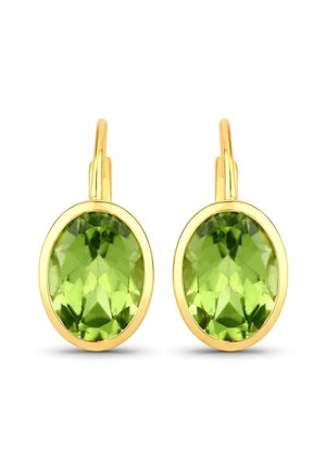 Goldene Ohrhänger mit ovalen, facettierten grünen Edelsteinen und einer glatten, polierten Oberfläche.