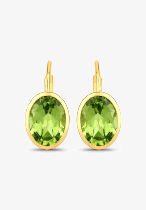 Gouden oorbellen met een ovale snit groene edelstenen, met een facetteeroppervlak en een gladde, gepolijste afwerking.