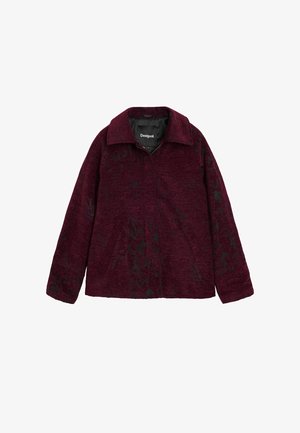 Burgunderfarbene Zip-Jacke mit strukturierter Oberfläche und schwarzen Blumenmustern. Verfügt über einen klassischen Kragen und zwei vordere Taschen.