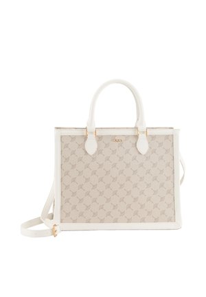 Borsa bianca con un motivo beige texturizzato, doppi manici superiori e una tracolla rimovibile. Accenti in hardware color oro.