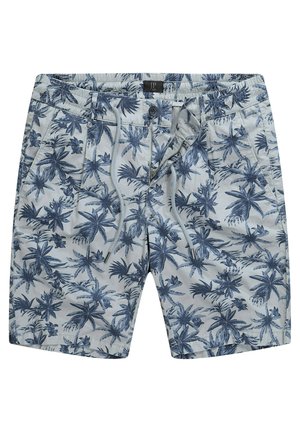 Jasnoniebieskie szorty kąpielowe z ciemnoniebieskim wzorem palmowych liści, elastyczny pas ze sznurkiem do regulacji oraz boczne kieszenie.