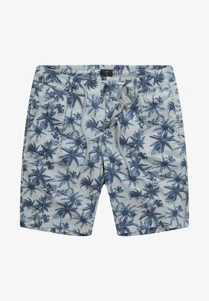 Jasnoniebieskie szorty kąpielowe z ciemnoniebieskim wzorem palmowych liści, elastyczny pas ze sznurkiem do regulacji oraz boczne kieszenie.