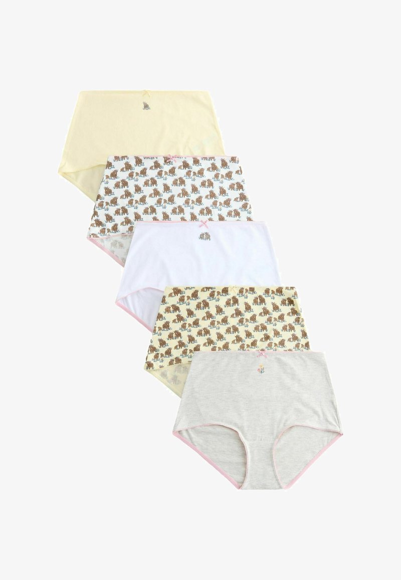 Öt pár női magas derekú fehérnemű sárga, fehér, szürke színekben, valamint kettő barna medve mintával, mindegyik kis hímzett részletekkel.