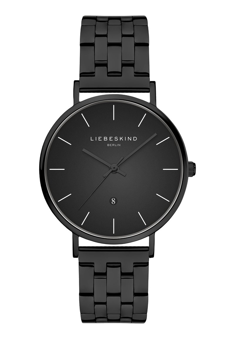 Schwarze Analog-Uhr mit einem glatten schwarzen Zifferblatt, eleganten Stundenmarkierungen und einem strukturierten Metallarmband. Verfügt über ein Datumsfenster am unteren Ende.