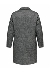 Manteau gris texturé à manches longues et mi-long, avec un col simple, montré de dos sur fond blanc.