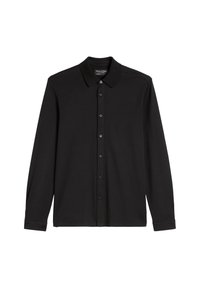 Schwarzes Langarmshirt aus weichem Material mit Kragen, durchgehender Knopfleiste und ohne Muster oder Akzente.
