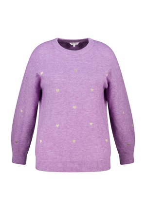 Lavender sweater gemaakt van zacht materiaal, met kleine gouden hartpatronen, ronde hals en ribgebreide manchetten en zoom.