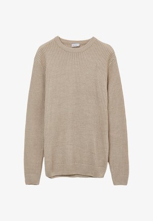 Beige knitted sweater with a round neckline, long sleeves, and ribbed cuffs. Pattern features a textured, waffle-like design throughout.