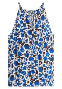 Canotta floreale con motivi di fiori blu e marroni su sfondo bianco; tessuto leggero, senza maniche e con scollatura annodata.