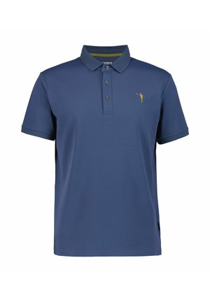 Marineblauw poloshirt van gladde stof. Voorzien van een klassieke kraag, een knoopsluiting met drie knopen en een klein geel logo op de borst.