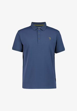 Polo blu marina in tessuto liscio. Presenta un colletto classico, una abbottonatura a tre bottoni e un piccolo logo giallo sul petto.