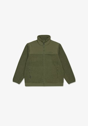 Zelená zipová bunda s měkkou fleece texturou. Má hladký horní panel, boční kapsy a vysoký límec.