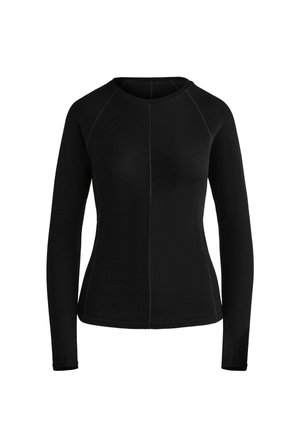 Zwarte lange mouwen shirt gemaakt van zacht materiaal, met een ronde halslijn, raglanmouwen en contrasterende stiksels langs de naden.