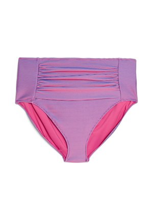 Bikini apakšdaļa ar augstu jostas vietu, svītraina horizontālām rozā un violetām svītrām, ar rušētu detaļu jostas vietā, iekšējā oderējuma krāsa vienveidīgi rozā.