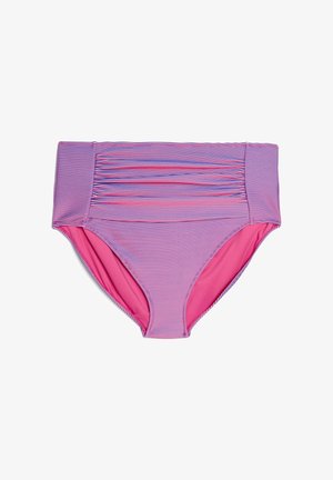 Bikinibroekje met hoge taille, roze en paarse horizontale strepen en geplooide details bij de taille, binnenvoering effen roze.