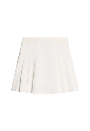 Witte geplooide minirok met een platte tailleband en zijzakken. Gemaakt van een glad materiaal, met verticale plooien voor extra textuur.