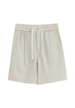 Shorts décontractés beige avec taille élastique, bouton avant, cordons et poches latérales, posés à plat sur un fond blanc.