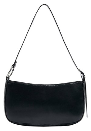 Sac à bandoulière rectangulaire en cuir noir avec une fine lanière et des détails en anneaux métalliques argentés de chaque côté.