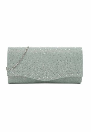 Bolso de mano plateado-gris con pequeños cristales que adornan el frente y una delicada cadena plateada como correa.