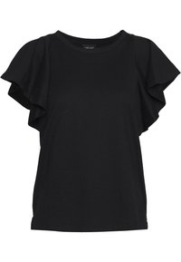 Czarny t-shirt wykonany z bawełny, z krótkimi, falbanowymi rękawami i okrągłym dekoltem. Gładka faktura, luźny krój, bez wzorów.