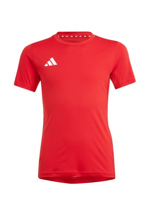 Maglietta sportiva rossa a maniche corte con collo rotondo e logo bianco sul petto destro, mostrata su uno sfondo bianco semplice.